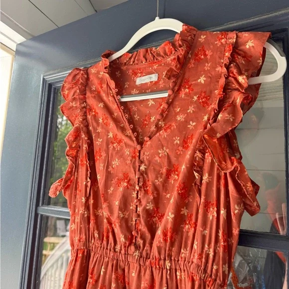 Outerknown Red Smocked Maxi Dress V-Neck Flutter Sleeve - Picture 2 of 4